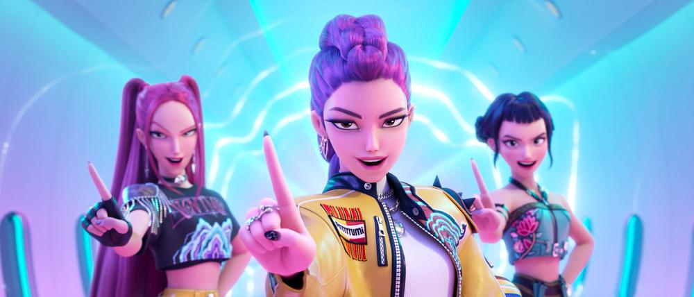 Mira, Rumi und Zoey in einer Szene aus „KPop Demon Hunters“. (Netflix-Bild)