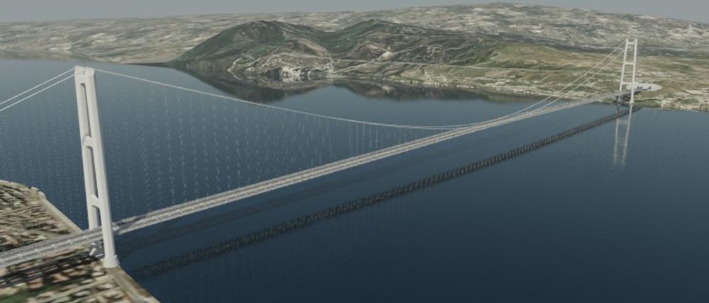 Die computergenerierte Darstellung zeigt einen Entwurf des Projektunternehmens Eurolink für die geplante Brücke nach Sizilien.
