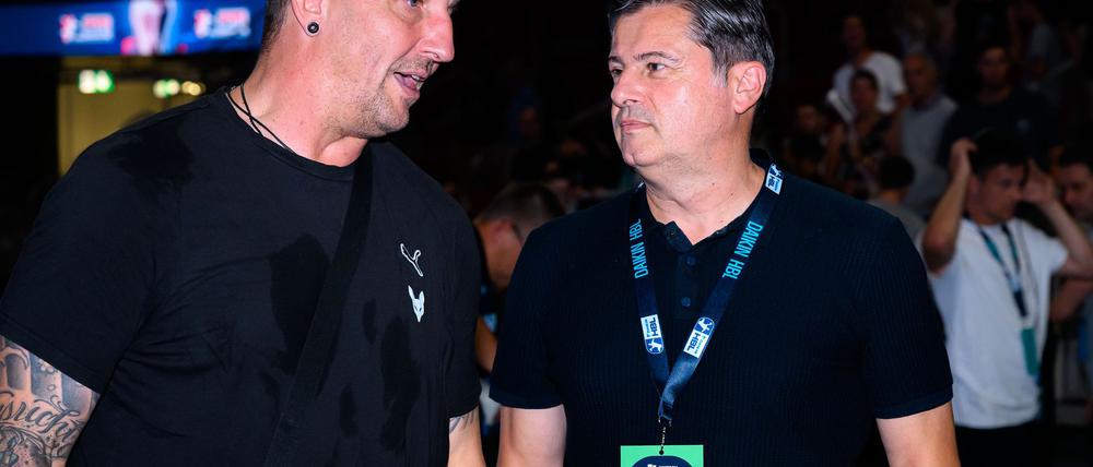 Würden sich über einen Handball-Standort München freuen: Füchse-Sportvorstand Stefan Kretzschmar (l) und Dyn-Gründer Christian Seifert.