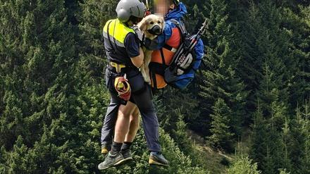 Die schwer verletzte Hündin eines deutschen Urlauberpaars wird am Mittwoch, 6. August 2025, nach einem Sturz über steiles Gelände in Mittelberg (Kleinwalsertal) per Hubschrauber geborgen. 