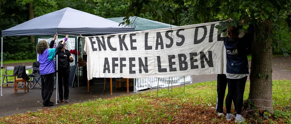 Tierschutz-Aktivisten hängen auf einem Parkplatz am Tiergarten Nürnberg ein Transparent mit der Aufschrift „Encke lass die Affen leben“ auf.