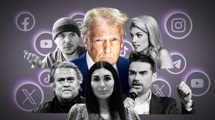 Rechte Influencer sind für Donald Trump entscheidend: Tim Pool, Liz Wheeler, Steve Bannon, Laura Loomer und Ben Shapiro (von links oben nach rechts unten).