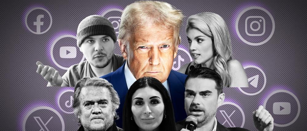 Rechte Influencer sind für Donald Trump entscheidend: Tim Pool, Liz Wheeler, Steve Bannon, Laura Loomer und Ben Shapiro (von links oben nach rechts unten).