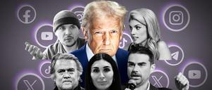 Rechte Influencer sind für Donald Trump entscheidend: Tim Pool, Liz Wheeler, Steve Bannon, Laura Loomer und Ben Shapiro (von links oben nach rechts unten).