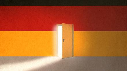 Ein deutsche Flagge mit einer geöffneten Tür (Illustration).