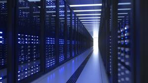 Data Center Computer Racks In Network Security Server Room. Cryptocurrency Mining Farm or Hosting Storage Connected Dots Programming Code And Binary Concept. 3D render dark blue