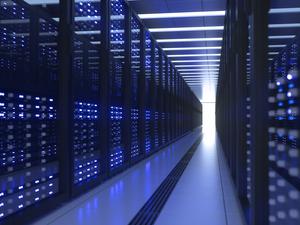 Data Center Computer Racks In Network Security Server Room. Cryptocurrency Mining Farm or Hosting Storage Connected Dots Programming Code And Binary Concept. 3D render dark blue