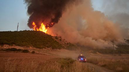 10.08.2025, Spanien, Carcastillo (Navarra): Ein Wald brennt in Carcastillo, Navarra, in Spanien. Das Feuer begann in der Nacht von Samstag, 9. August, auf Sonntag in einem Kiefernwald neben der Straße zwischen Carcastillo und Figarol. Die Feuerwehr ist im Einsatz. Foto: Eduardo Sanz/EUROPA PRESS/dpa +++ dpa-Bildfunk +++
