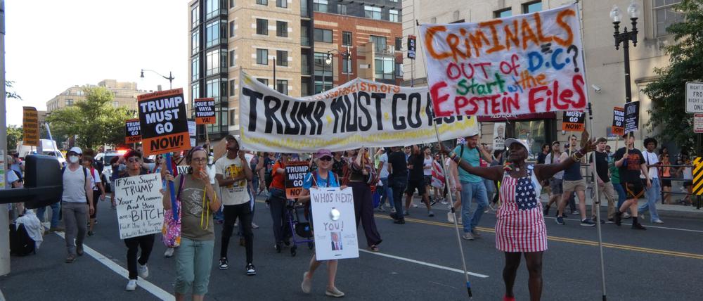 USA, Washington: Demonstranten protestieren gegen US-Präsident Trump und dessen Politik.