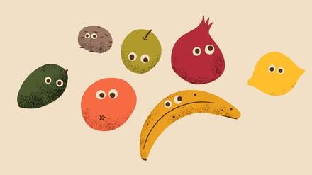 Zeichnungen verschiedener Obst- und Gemüsesorten mit Augen (Illustration).