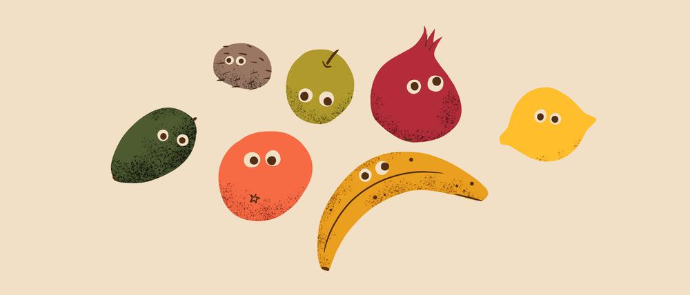 Zeichnungen verschiedener Obst- und Gemüsesorten mit Augen (Illustration).