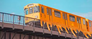 Overground subway train on a blue sky background