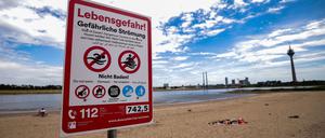 Ein Hinweisschild am Paradiesstand in Düsseldorf weist auf die Gefahren beim Schwimmen im Rhein hin.