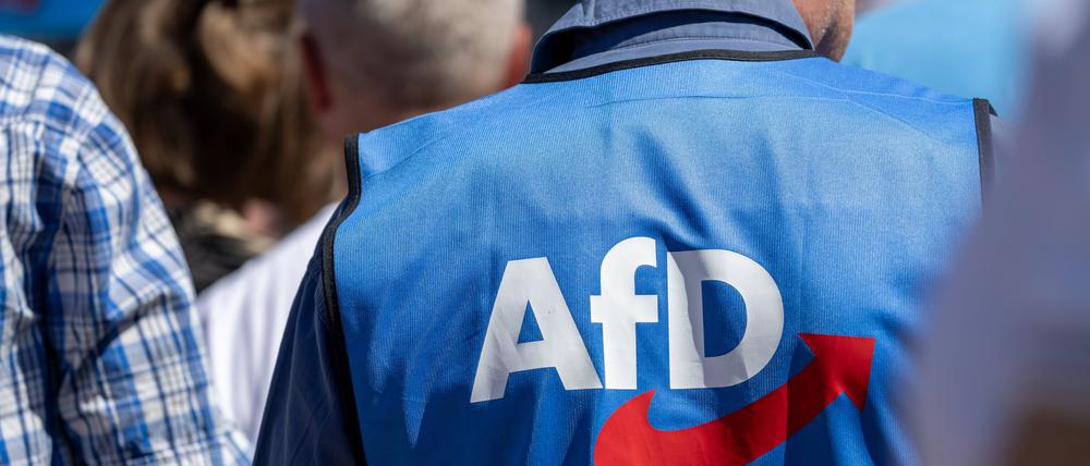 Mann mit AfD-Weste auf einer Kundgebung in Ludwigshafen.
