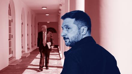 Selenskyj (vorn) im Weißen Haus bei Trump (Montage).