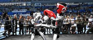 Wie beim Kickboxen. Ein Roboter trifft seinen Gegner auf Brusthöhe.
