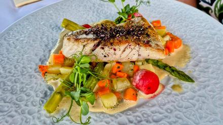 Zanderfilet mit Spargel. Kartoffeln, Möhren im Restaurant Kranich, Basedow, 13.8.2025