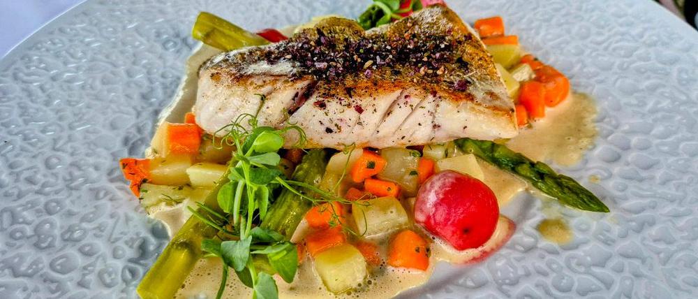 Zanderfilet mit Spargel. Kartoffeln, Möhren im Restaurant Kranich, Basedow, 13.8.2025