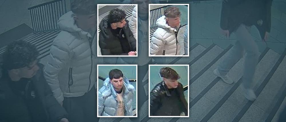 Im Zusammenhang mit einer gefährlichen Körperverletzung in Mitte bittet die Polizei Berlin mit der Veröffentlichung dieser Fotos um Mithilfe bei der Suche nach vier bislang Unbekannten.
