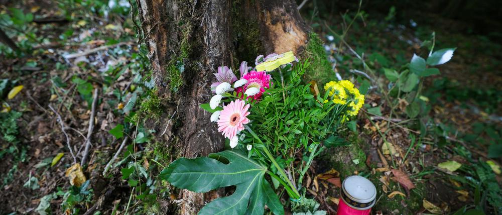 Blumen und eine Kerze stehen an der Unfallstelle an einem Baum. Bei einem schweren Autounfall sind am 16.08.2025 zwei Jugendliche und zwei junge Erwachsene ums Leben gekommen.