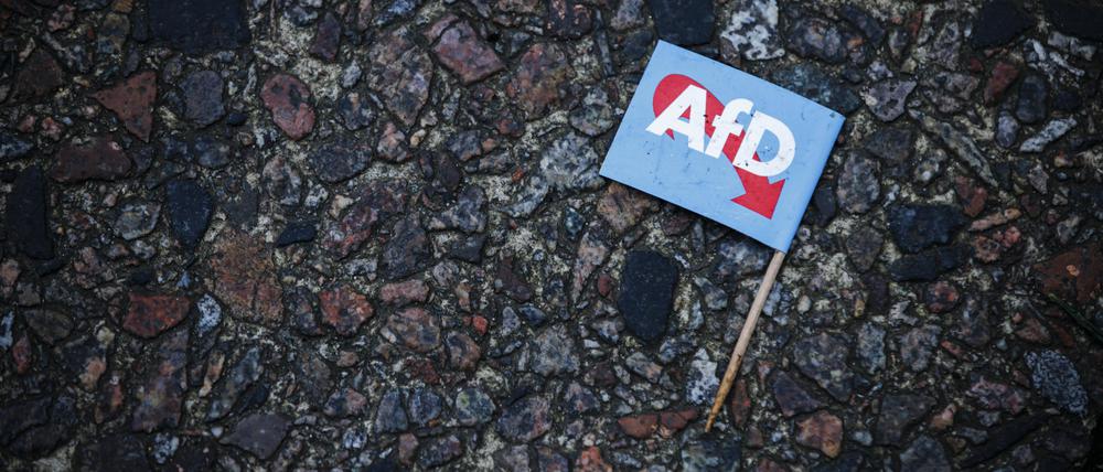 Eine AfD-Parteifahne mit Zahnstocher liegt verdreckt am Boden (Symbolfoto).
