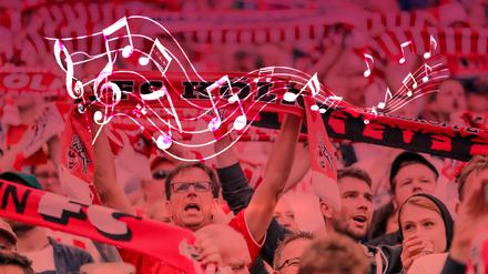 Eine Montage von Kölner Fans und Musiknoten.