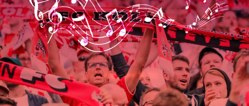 Eine Montage von Kölner Fans und Musiknoten.