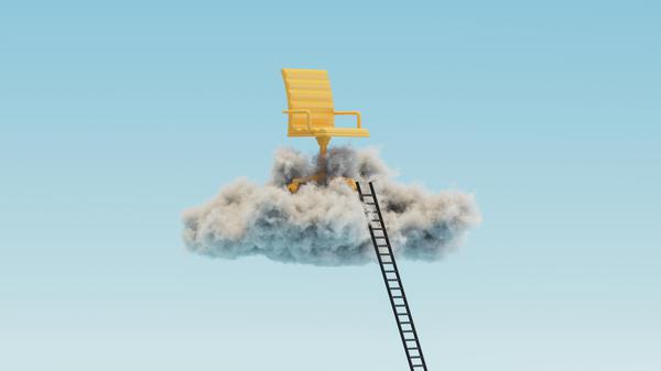 Eine Leiter führt zu einem symbolischen Chefsessel, der auf einer Wolke schwebt.