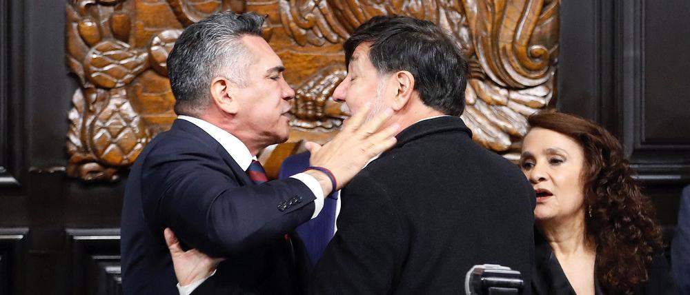 Senator Alejandro Moreno (links) prügelt sich mit Senator Gerardo Fernandez Norona im Parlament in Mexiko City.