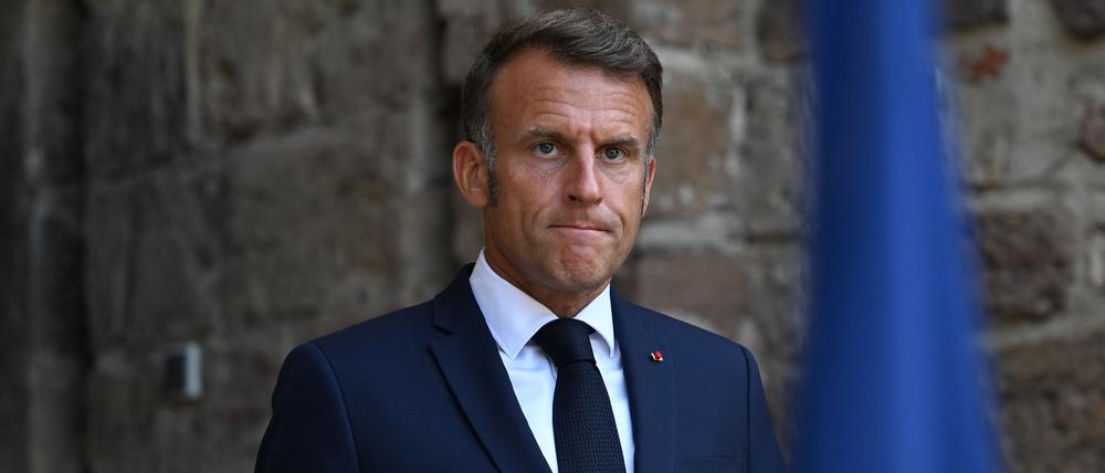Der französische Präsident Emmanuel Macron nach einer Videokonferenz mit Vertretern der „Koalition der Willigen“ in Südfrankreich am 17. August 2025.