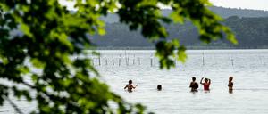 Badegäste erfrischen sich bei strahlendem Sonnenschein im Großen Müggelsee.
