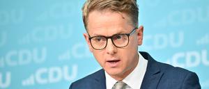 CDU-Generalsekretär Carsten Linnemann spricht nach einer Sitzung des CDU-Bundesvorstands im Konrad-Adenauer-Haus.