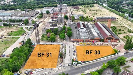 Der Hotel-Neubau auf Baufeld 31, das Parkhaus auf Baufeld 30.