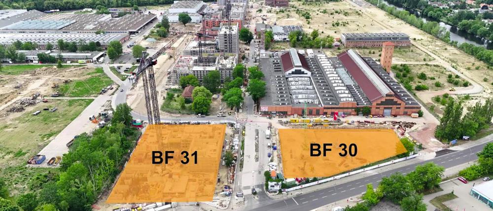 Der Hotel-Neubau auf Baufeld 31, das Parkhaus auf Baufeld 30.
