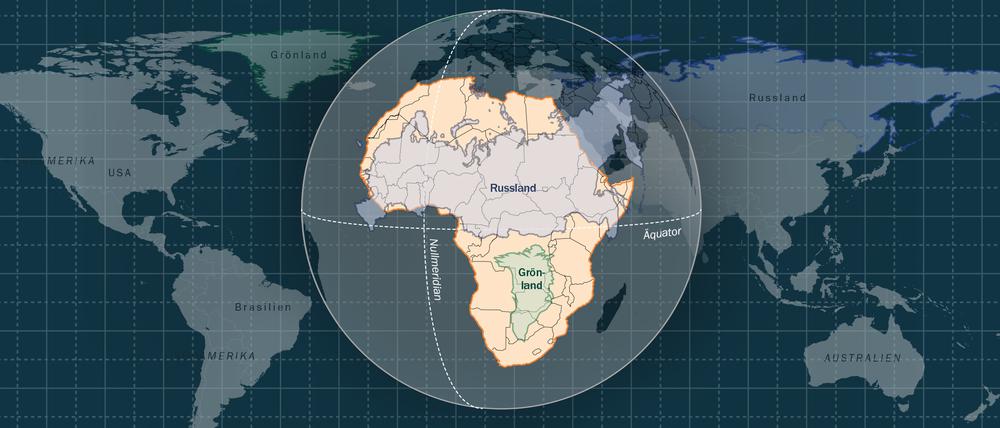 Afrikas wahre Größe – zur Veranschaulichung sind die Ländermassen von Russland und Grönland darübergelegt.