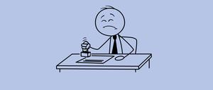 Cartoon stick figure notary stamping documents with satisfaction. Humorous vector illustration of bureaucratic work process.