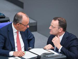ARCHIV - 09.07.2025, Berlin: Bundeskanzler Friedrich Merz (l,CDU) unterhält sich mit Jens Spahn, Vorsitzender der Unions-Fraktion im Bundestag, während der Generaldebatte zum Haushalt im Plenum des Bundestags. (zu dpa: «Umfrage: Deutliche Mehrheit steht hinter Waffen-Lieferstopp an Israel») Foto: Katharina Kausche/dpa +++ dpa-Bildfunk +++