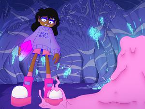 Szene aus dem Animatiosfilm „Lesbian Space Princess“ von Leela Varghese & Emma Hough Hobbs.