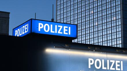 Berlin, Germany - November 2, 2022: Inscription Polizei (Police) on Police department on Alexanderplatz in Berlin.