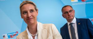 Alice Weidel, Bundesvorsitzende und Fraktionsvorsitzende der AfD, geht neben Tino Chrupalla, Bundesvorsitzender und Fraktionsvorsitzender der AfD im Bundestag.