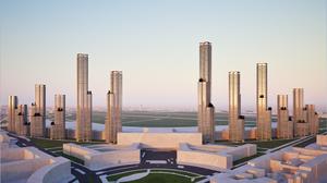 Auf der Visualisierung rahmen zwölf Wohnhochhäuser den stillgelegten Flughafen Tempelhof.