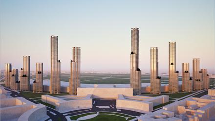 Auf der Visualisierung rahmen zwölf Wohnhochhäuser den stillgelegten Flughafen Tempelhof.