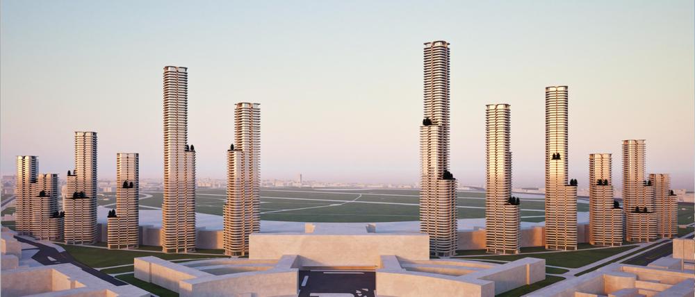 Auf der Visualisierung rahmen zwölf Wohnhochhäuser den stillgelegten Flughafen Tempelhof.