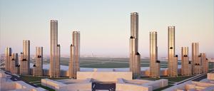 Auf der Visualisierung rahmen zwölf Wohnhochhäuser den stillgelegten Flughafen Tempelhof.