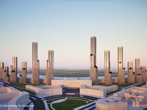 Auf der Visualisierung rahmen zwölf Wohnhochhäuser den stillgelegten Flughafen Tempelhof.