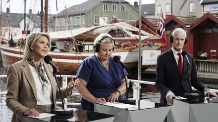 Wollen alle drei Norwegens Geschäfte führen: Sylvi Listhaug (FrP), Erna Solberg (H) und Jonas Gahr Støre (Ap, von links)