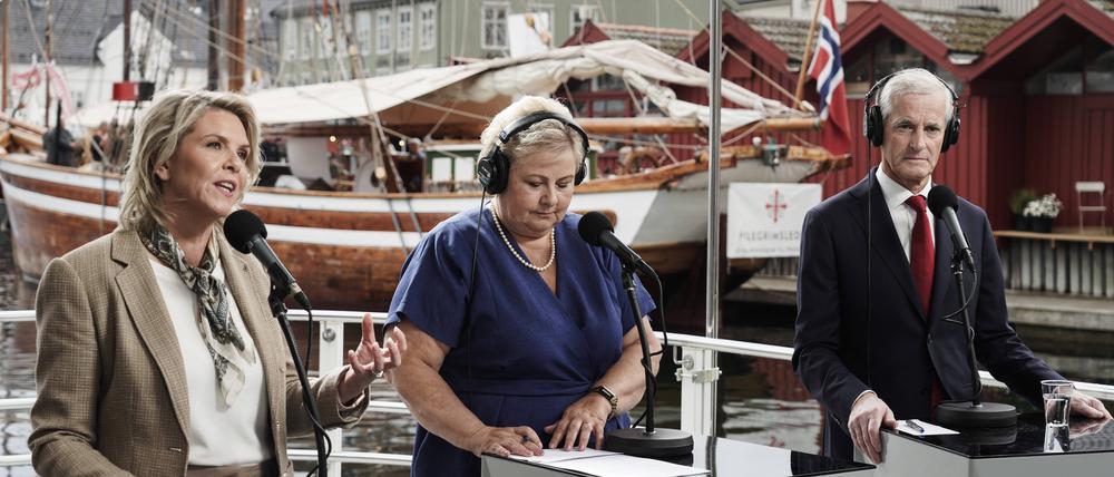 Wollen alle drei Norwegens Geschäfte führen: Sylvi Listhaug (FrP), Erna Solberg (H) und Jonas Gahr Støre (Ap, von links)