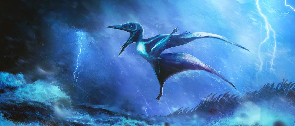 Starke Windböe brechen die zarten Knochen: Künstlerische Darstellung eines kleinen Pterodactylus-Babys in einem Tropengewitter.