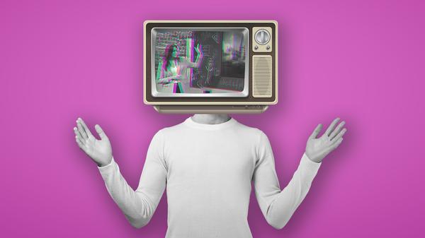 Collage einer Person, die einen Fernseher statt einen Kopf auf den Schultern trägt.