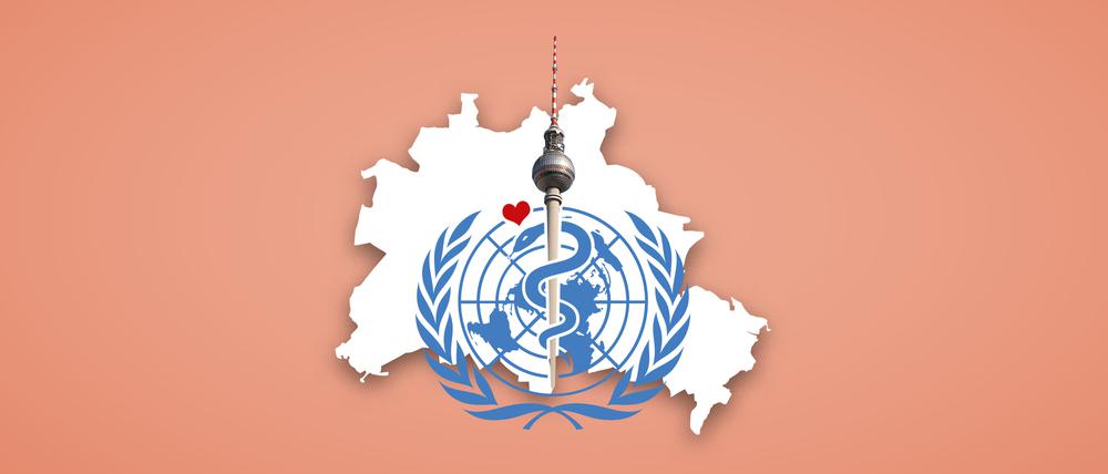 Das Logo der Weltgesundheitsorganisation WHO vor den Umrissen Berlins und dem Fernsehturm.